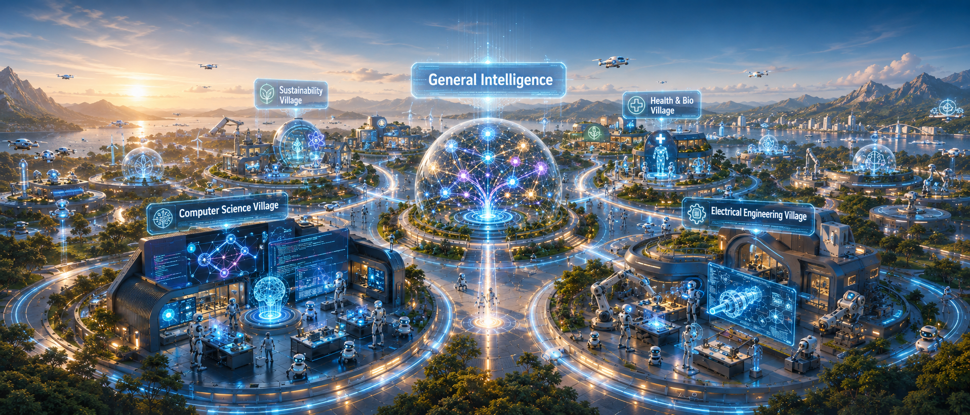 Concept illustration of the Expert Village: themed domain villages arranged around a central shared knowledge graph